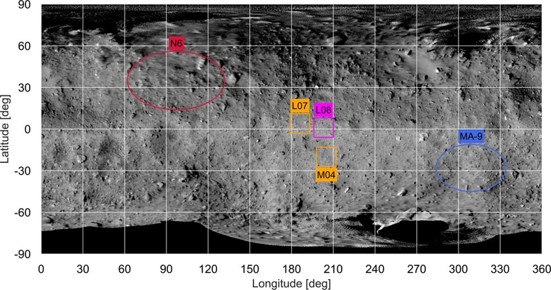 A wide-angled view of Ryugu, with potential landing spots indicated.